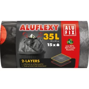 Saci de gunoi cu snur ALUFLEXY LDPE 53x60cm steel 35L negri 15 buc ALUFIX - Pret Online